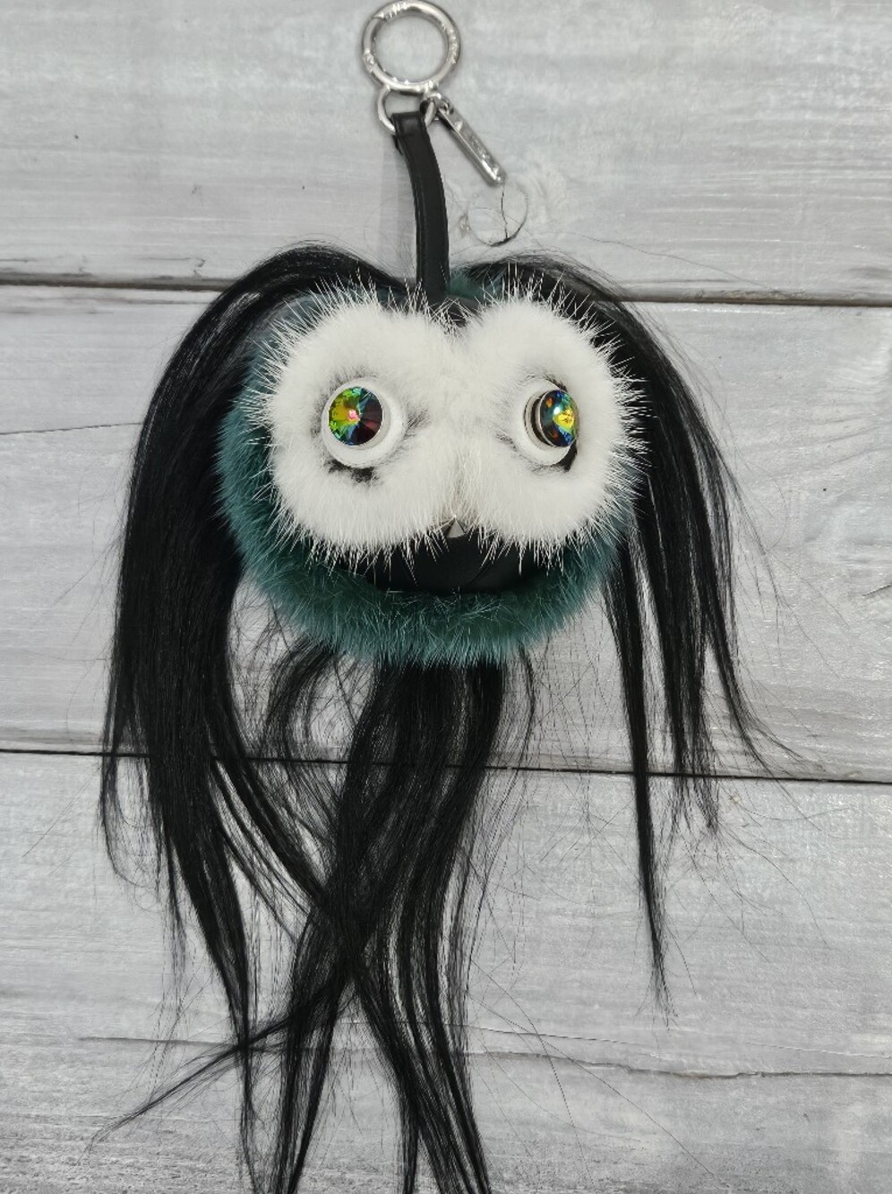 Fendi Fur Monster Keychain Charm in Teal, White & Black